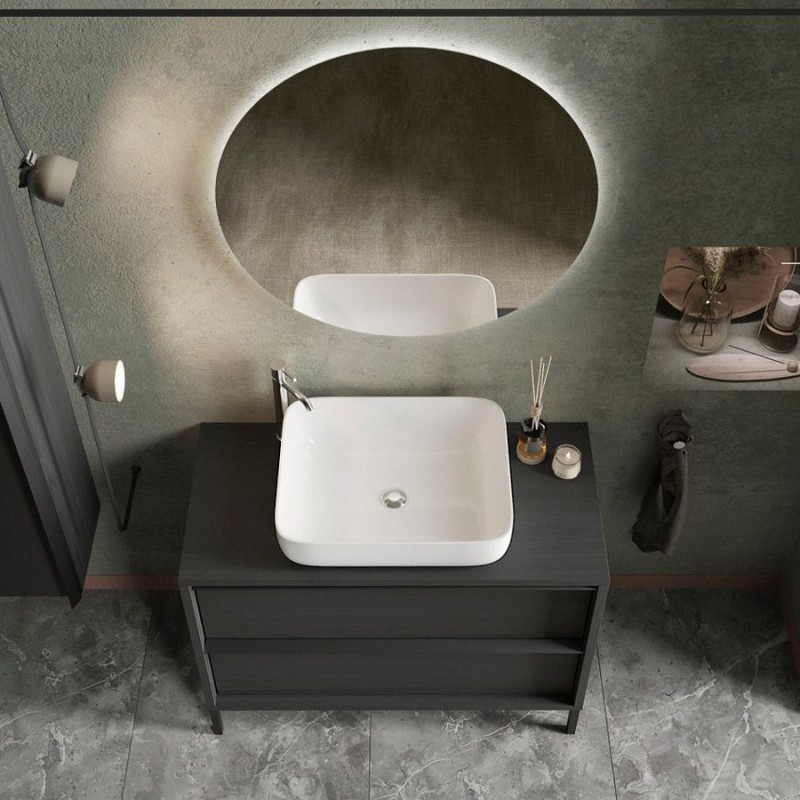 MOBILE BAGNO A TERRA COMPLETO DI LAVABO IN CERAMICA CON SPECCHIERA OVALE CON  PENSILE COLONNA A MURO - Arredo Casa