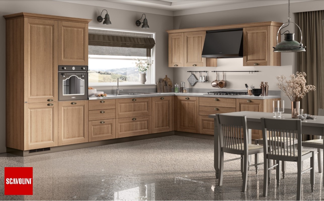 CUCINA MODELLO FAMILY CON LAVASTOVIGLIE COMPOSIZIONE C06 MTL. 3,45 VERSIONE  DX - SX ANTE LARICE NEVE / ROVERE AZTECO