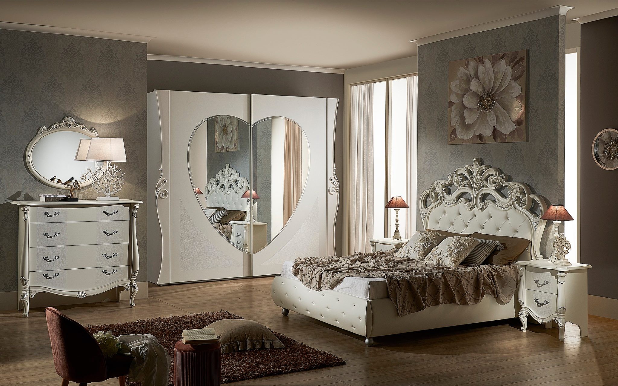 LETTO MATRIMONIALE ANGELICA CON CONTENITORE IN ECOPELLE ED INTARSI LACCATO  BIANCO - Arredo Casa