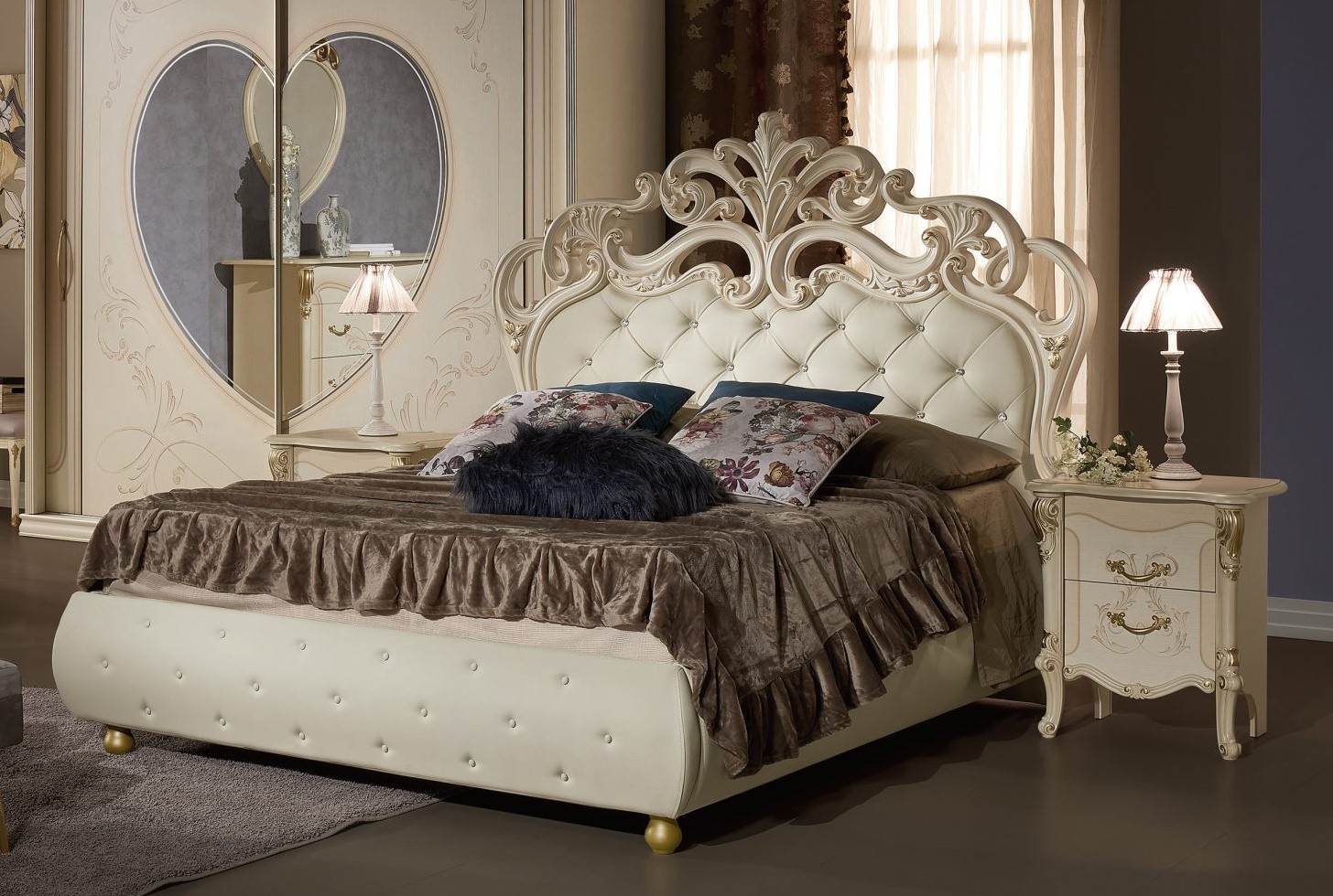 LETTO MATRIMONIALE TOSCA CON CONTENITORE IN ECOPELLE ED INTARSI FOGLIA ORO  - Arredo Casa