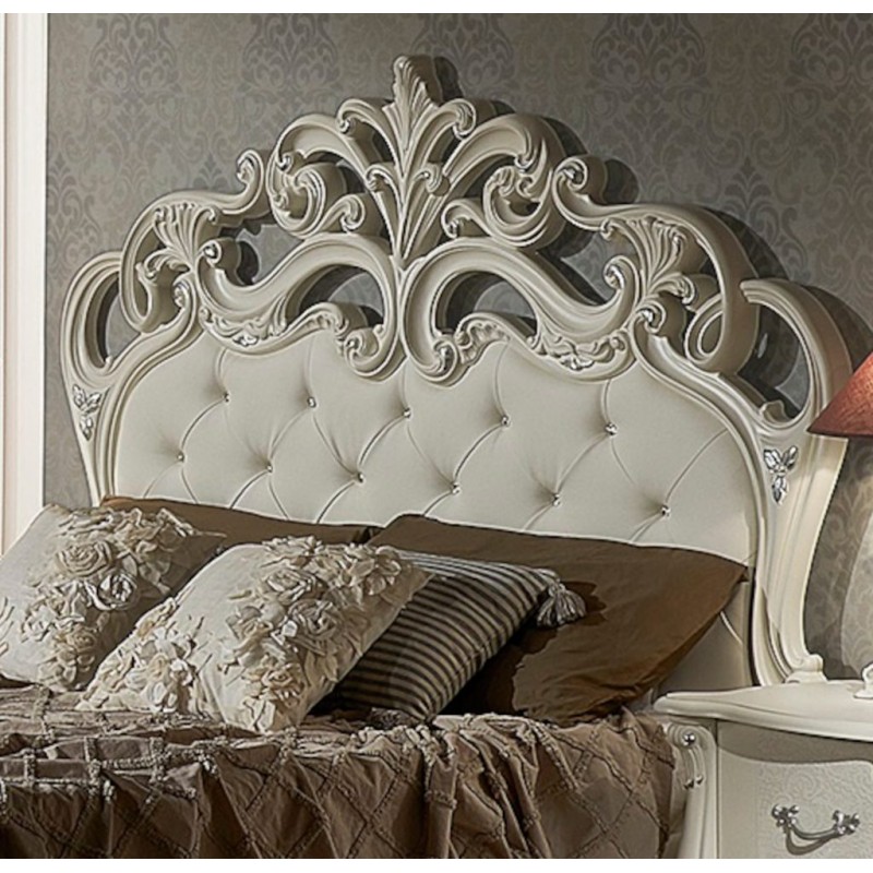 LETTO MATRIMONIALE ANGELICA CON CONTENITORE IN ECOPELLE ED INTARSI LACCATO  BIANCO