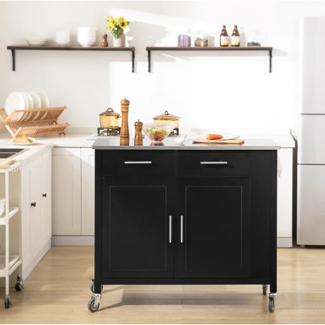 CARRELLO DA CUCINA YORK 2 ANTE + 2 CASSETTI + RIPIANO LATERALE LACCATO NERO CON PIANO IN ACCIAIO INOX ART. FKW108SCH