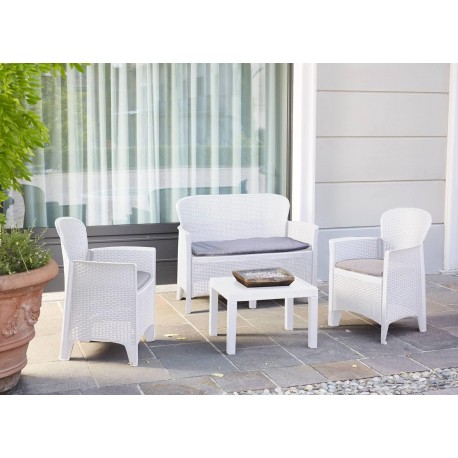 SET SALOTTO PER ESTERNI EFFETTO RATTAN 4 PEZZI MODELLO COSTA DEL SOL COLORE BIANCO CON CUSCINI