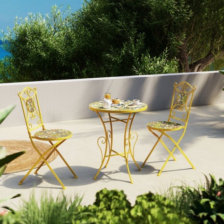 SET BISTROT MODELLO SORRENTO 3 PZ IN ACCIAIO VERNICIATO E FOSFATATO COLORE GIALLO DECORATO CON CERAMICA IN STILE AMALFITANA