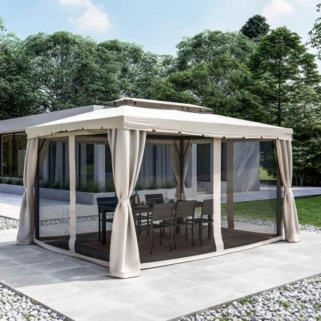 GAZEBO RETTANGOLARE VENDICARI  IN ALLUMINIO ANTRACITE CON TENDE  LATERALI RICHIUDIBILI COLORE ECRU'  3 X 4