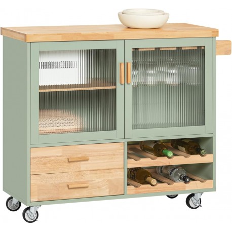 CARRELLO DA CUCINA YORK 2 ANTE A VETRO 2 CASSETTI E 1 VANO PORTABOTTIGLIE COLORE VERDE/FAGGIO ART. FKW114-MI