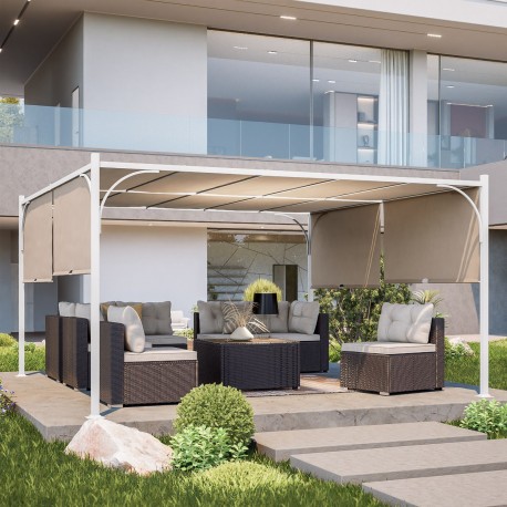 GAZEBO / PERGOLA  IN ALLUMINIO E ACCIAIO VERNICIATO BIANCO 4 X 4 METRI  CON TETTO SCORREVOLE ECRU'