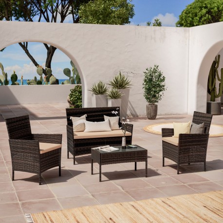 SET SALOTTO PER ESTERNI IN POLIRATTAN 4 PEZZI MODELLO LA GOMERA COLORE BROWN CON CUSCINI