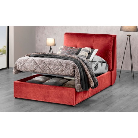 LETTO 1 PIAZZA E MEZZA MODELLO CUBA IN TESSUTO VELLUTO COLORE ROSSO BORDEAUX CON CONTENITORE TESTIERA IMBOTTITA