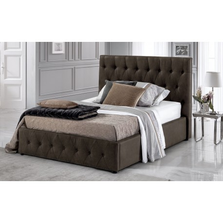 LETTO 1 PIAZZA E MEZZA MODELLO ZEUS IN SIMILPELLE BROWN CON CONTENITORE TESTIERA IMBOTTITA