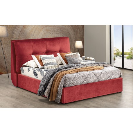 LETTO MATRIMONIALE MODELLO CUBA IN TESSUTO VELLUTO COLORE ROSSO BORDEAUX CON CONTENITORE TESTIERA IMBOTTITA