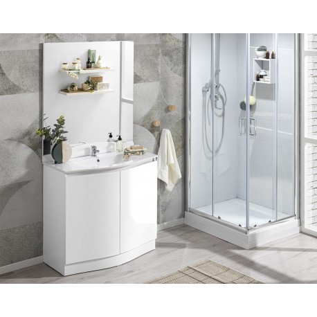 MOBILE BAGNO COMPONIBILE COMPLETO CON 2 ANTE CURVE MANIGLIA A GOLA-LAVABO IN CERAMICA-SPECCHIO-FINITURA LACCATO BIANCO