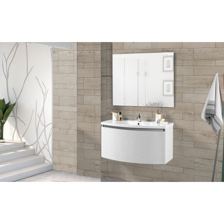 MOBILE BAGNO SOSPESO COLLINS CON 1 CESTELLO ANTA CURVA MANIGLIA A GOLA-LAVABO IN CERAMICA-SPECCHIO-FINITURA LACCATO ONDE BIANCO