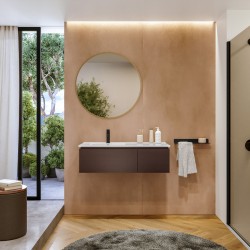 MOBILE BAGNO SOSPESO COMPONGO CON 2 CASSETTI ANTA A GOLA-LAVABO IN CERAMICA E SPECCHIO ROTONDO INCLUSI FINITURA ROVERE  MOKA