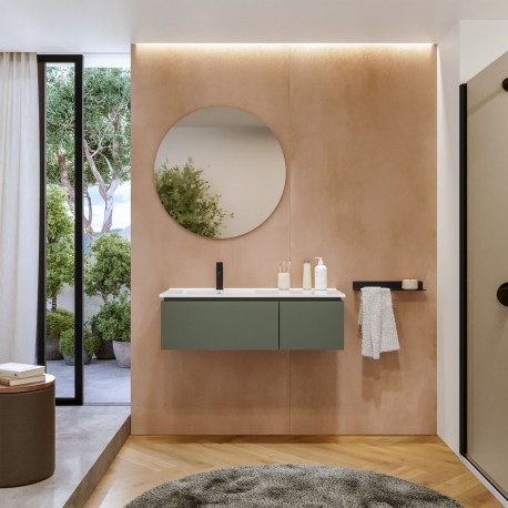 MOBILE BAGNO SOSPESO COMPONGO CON 2 CASSETTI ANTA A A GOLA-LAVABO IN CERAMICA E SPECCHIO ROTONDO -FINITURA VERDE OPACO