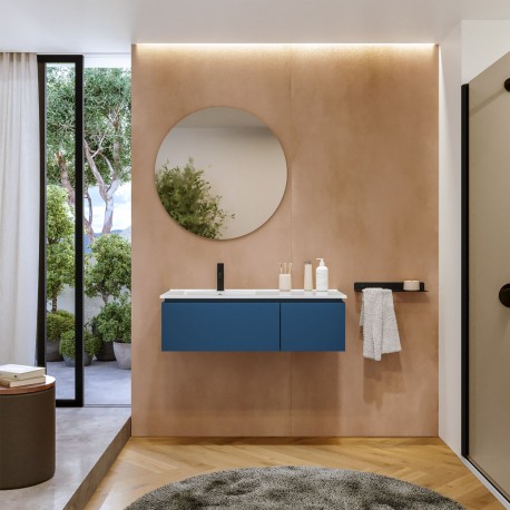 MOBILE BAGNO SOSPESO COMPONGO CON 2 CASSETTI ANTA A A GOLA-LAVABO IN CERAMICA E SPECCHIO ROTONDO -FINITURA BLU OPACO