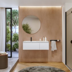 MOBILE BAGNO SOSPESO COMPONGO CON 2 CASSETTI ANTA A A GOLA-LAVABO IN CERAMICA E SPECCHIO ROTONDO -FINITURA BIANCO OPACO