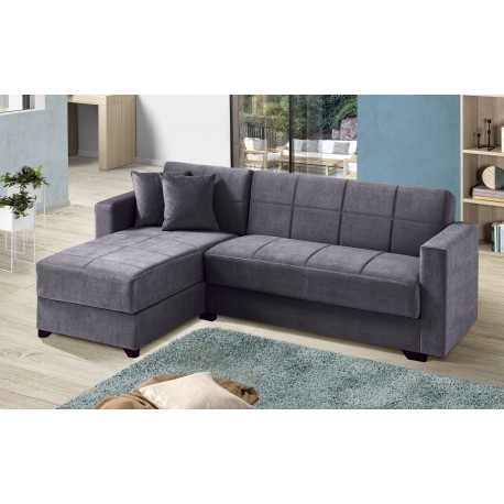 DIVANO LETTO ANGOLARE CON 2 CONTENITORI MODELLO GREYLAMA PENISOLA REVERSIBILE IN TESSUTO MICROFIBRA GRIGIO SCURO