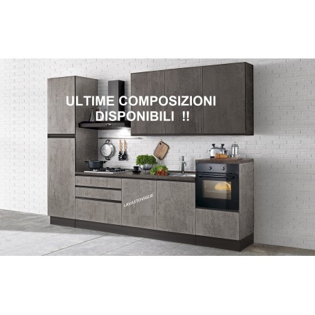 CUCINA BLOCCATA MODELLO UNICA FINITURA GRIGIO CEMENTO E GRIGIO LAVA CON MANIGLIE A GOLA VERSIONE COLONNA FRIGO A SINISTRA