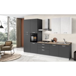 CUCINA BLOCCATA COLONNE A SINISTRA MODELLO SIRIO FINITURE NERO LAVA E BIANCO OPACO MANIGLIE INOX E LAVASTOVIGLIE DA 60 INCASSO