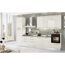 CUCINA BLOCCATA MODELLO SETTLING FINITURA FRASSINATO LUCIDO VERSIONE COLONNA FRIGO  A SINISTRA CON LAVASTOVIGLIE 60 INCASSO