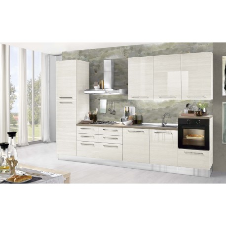 CUCINA BLOCCATA MODELLO SETTLING FINITURA FRASSINATO LUCIDO VERSIONE CON COLONNA FRIGO A SINISTRA CON LAVASTOVIGLIE 60 INCASSO