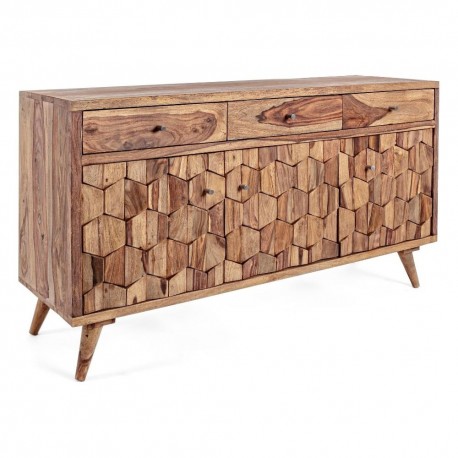 MADIA / CREDENZA IN LEGNO MASSELLO SHEESHAM CON 3 ANTE BATTENTI E 3 CASSETTI L. 132 CM.