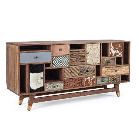 CREDENZA DHAVAL MULTICOLOR IN LEGNO MASSELLO DI ACACIA CON 2 ANTE BATTENTI 11 CASSETTI  10 VANI A GIORNO  L.160 CM.