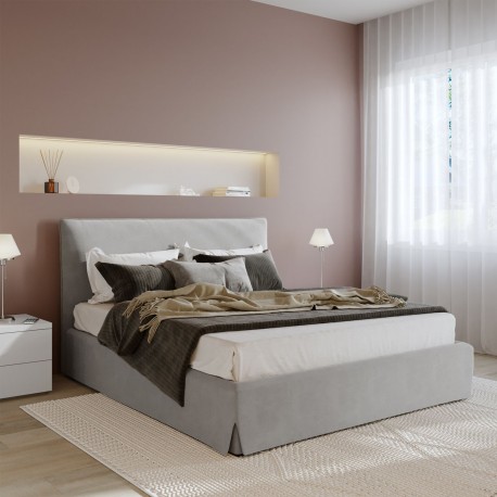 LETTO MATRIMONIALE CON CONTENITORE MODELLO GLISSY CON RETE IN DOGHE DI FAGGIO INCLUSA IN TESSUTO GRIGIO CHIARO