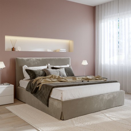 LETTO MATRIMONIALE CON CONTENITORE MODELLO GLISSY CON RETE IN DOGHE DI FAGGIO INCLUSA RIVESTIMENTO IN VELLUTO BEIGE