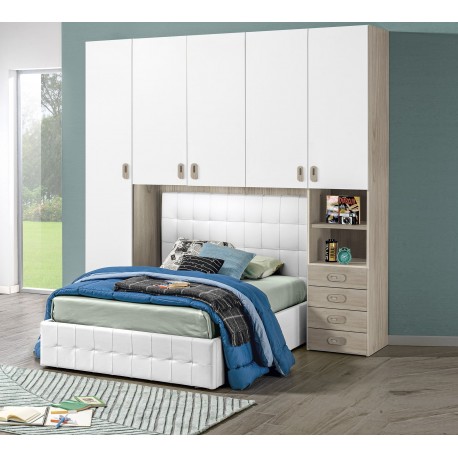 CAMERETTA A PONTE MODELLO BIG VALUE COMPLETA DI LETTO CONTENITORE 1 PIAZZA E MEZZA IN ECOPELLE BIANCO