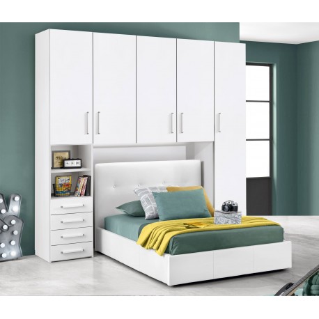 CAMERETTA A PONTE MODELLO COLOR SPRING  COMPLETA DI LETTO CON CONTENITORE 1 PIAZZA E MEZZA IN ECOPELLE BIANCO