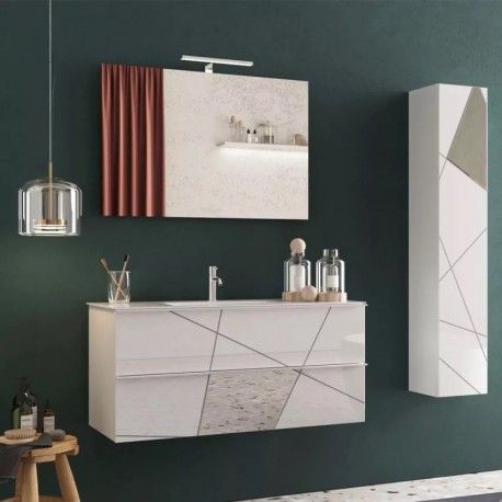 MOBILE BAGNO SOSPESO MODELLO VICTORY COMPLETO DI LAVABO IN CERAMICA CON SPECCHIERA RETTANGOLARE CON PENSILE COLONNA A MURO