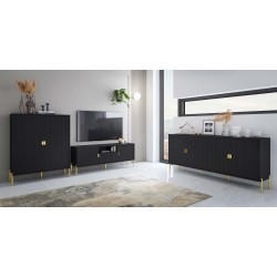 SALA COMPLETA MODELLO TAORMINA FINITURA ANTE CANNETTATO NERO ETNA DA 22 mm. CON MANIGLIE E PIEDINI FINITURA ORO