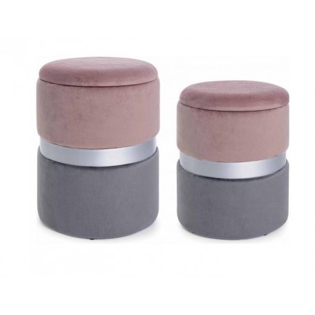 SET 2 POUF MODELLO POLINA IN TESSUTO ROSA ANTICO E GRIGIO  EFFETTO VELLUTO