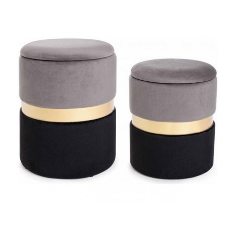 SET 2 POUF MODELLO POLINA IN TESSUTO NERO E GRIGIO  EFFETTO VELLUTO