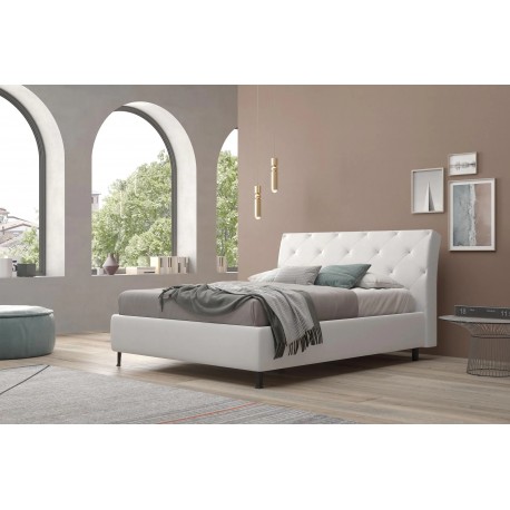 LETTO MATRIMONIALE MODELLO LUXURY IN SIMILPELLE BIANCO CON CONTENITORE TESTIERA IMBOTTITA CON BOTTONI BRILLANTI