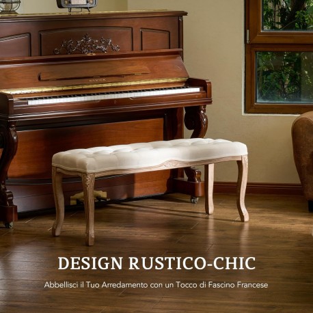 PANCA FONDOLETTO IN LEGNO MASSELLO DI BETULLA SEDUTA IMBOTTITA IN TESSUTO TRAPUNTATO BEIGE GAMBE INTARSIATE L.112 CM.