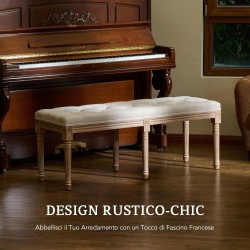 PANCA FONDOLETTO IN LEGNO MASSELLO DI BETULLA SEDUTA IMBOTTITA IN TESSUTO TRAPUNTATO BEIGE GAMBE INTARSIATE L. 122 CM