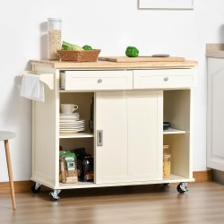 CARRELLO ISOLA IN LEGNO  PER CUCINA CON 2 CASSETTI E 2 ANTE SCORREVOLI FINITURA BIANCO CREMA