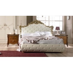 LETTO MATRIMONIALE CARMEN CON CONTENITORE IN ECOPELLE BEIGE E INTARSI FOGLIA ORO