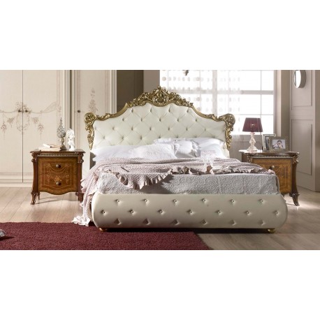 LETTO MATRIMONIALE CARMEN CON CONTENITORE IN ECOPELLE BEIGE E INTARSI FOGLIA ORO