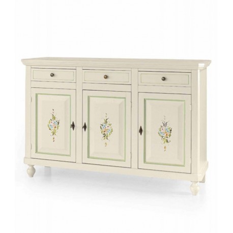 CREDENZA IN LEGNO ARTE POVERA 3 ANTE  3 CASSETTI  BIANCO LUCIDO CON DECORI